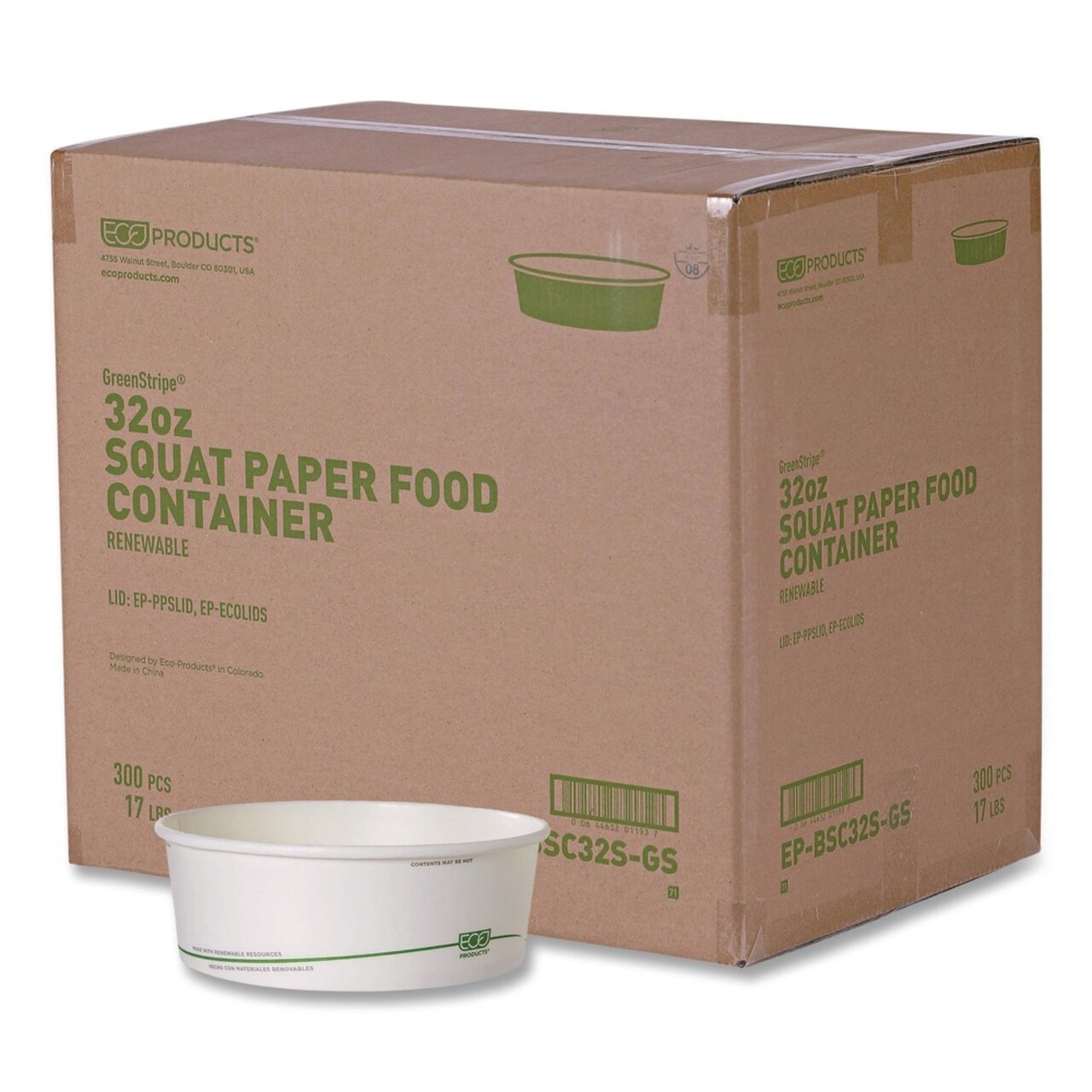 Eco-Products GreenStripe 7.28 in. Diameter x 2.48 in. 32 oz. Paper Food Containers - White (300/Carton)